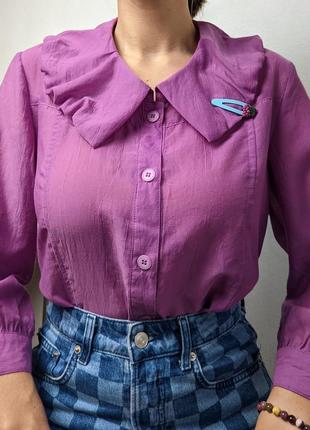 Блузка с воротником рубашка блуза фиолетовый милая шифон m l xl воротничок pardon розовый3 фото