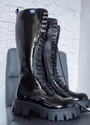 Зимние натуральные лаковые сапоги черные женские кожаные ботинки на меху евро m-37