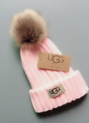 Женская шерстяная шапка ugg с помпоном розовая2 фото