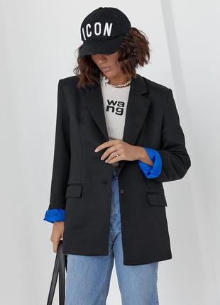 Жіночий піджак з кольоровою підкладкою вільного фасону чорний / електрик9 фото