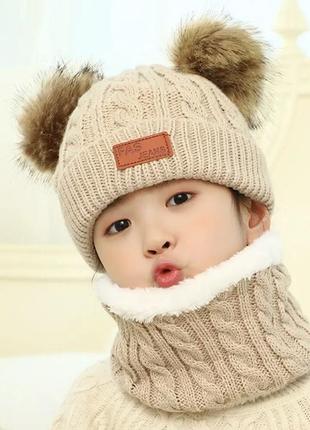 Молочна біла в'язана шапка для дівчинки дитини, зимова тепла шапка3 фото