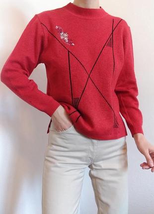 Вінтажний светр шерстяний джемпер червоний реглан пуловер лонгслів кофта вінтаж джемпер з вишивкою светр ш