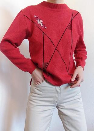 Винтажный свитер шерстяной джемпер красный реглан пуловер лонгслив кофтаж джемпер с вышивкой свитер ш4 фото