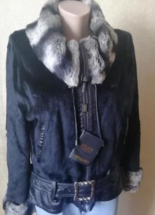 Жіноча куртка - півшубок з натурального стриженого кролика, комір - шиншила.1 фото