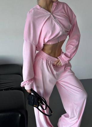 Женский костюм классический спортивный спорт повседневный удобный качественный брюки широкие и + кофта свитшот бежевый велюровый розовый барби
