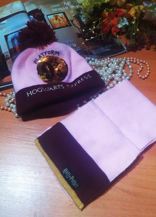 Классный набор шапка шарф harry potter 8-12 лет новый розовый бордовый гари потер пайетки перевертыша
