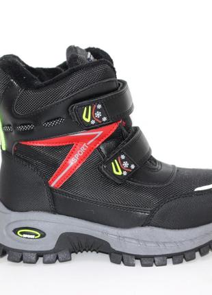 Зимние детские черные высокие термо ботинки для мальчика на двух липучках, светящаяся обувь на зиму7 фото