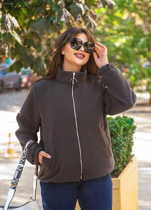 Теплая кашемировая кофтв на молнии с подкладкой большие размеры, серая с карманами