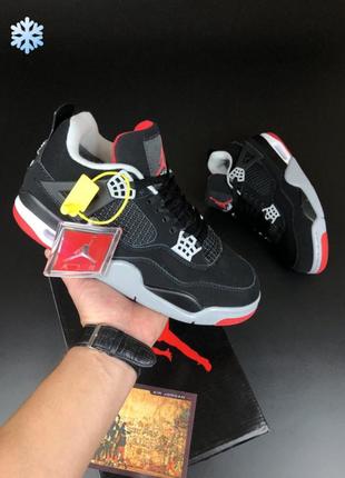 Зимние мужские кроссовки nike air jordan 4 retro winter black grey red fur черного с серым и красным цветов с мехом