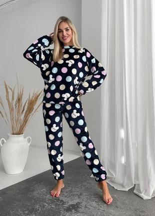 Тепла жіноча піжама у великий горошок із принтом мікі маус стильний домашній одяг для сну для дівчат