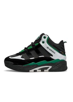 Зимние женские кроссовки adidas originals niteball high black white green fur