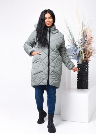 Женская базовая оливковая длинная зимняя куртка батал plus size плюс сайз большие размеры xl xxl xxx1 фото