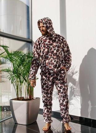 Мужская теплая плюшевая пижама принт ягуар с капюшоном размеры 46-56