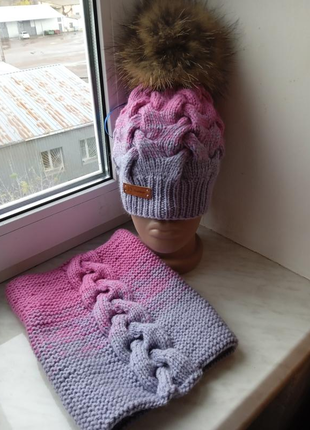 Нежный зимний комплект шапка хомут натуральный балабон2 фото