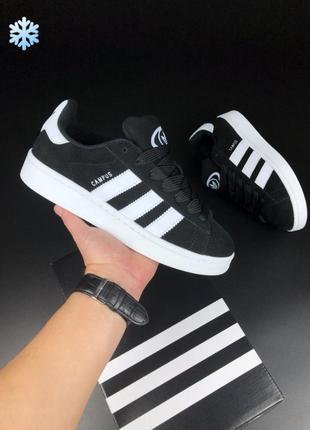 Зимние мужские кроссовки adidas campus winter black white fur черного с белым цвета с мехом