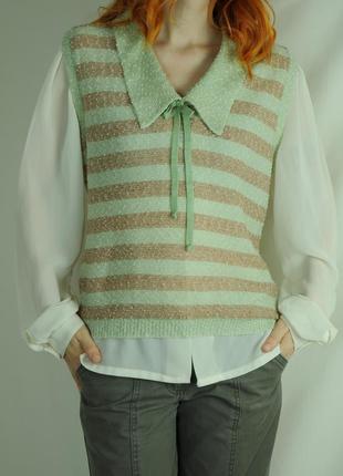 Винтажная жилетка кофта свитер вязанная зеленая в полоску полосатая ретро5 фото