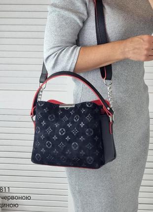 Женская стильная и качественная сумка из натуральной замши и искусственной кожи на 3 отдела черный материалы3 фото