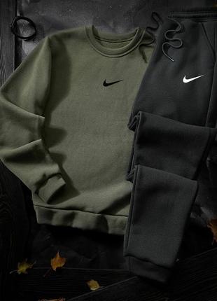 Зимовий костюм найк nike на флісі світшот оверсайз штани вільні комплект чорний білий сірий хакі спортивний натуральний чоловічий