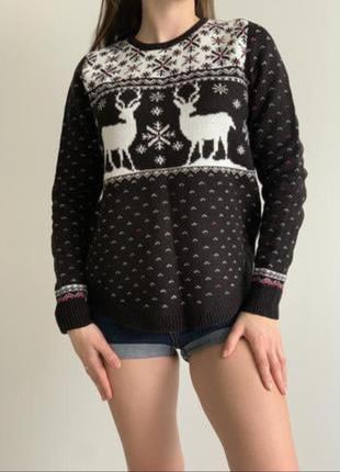 Светрик з оленями, чоловічий жіночий чорний светр унісекс  з новорічним принтом