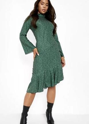 Платье платье миди зеленое в горошек с длинным рукавом новое boohoo 16 l-xl