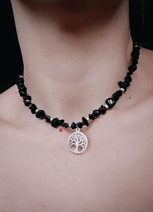 Черный чокер из обсидиана и агата с подвеской дерево жизни