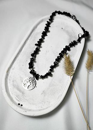Черный чокер из обсидиана и агата с подвеской дерево жизни