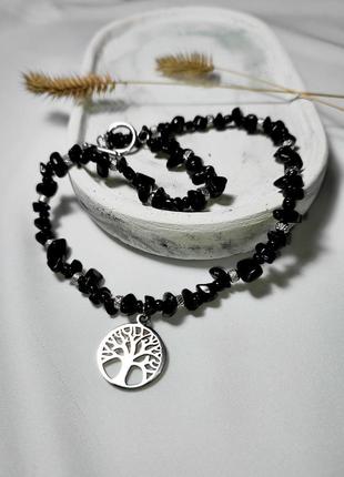 Черный чокер из обсидиана и агата с подвеской дерево жизни