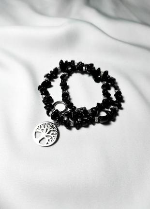 Черный чокер из обсидиана и агата с подвеской дерево жизни