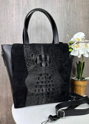 Женская стильная черная сумка рептилия на плечо сумочка крокодил змеиная натуральная замша