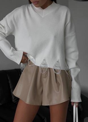 Шкіряні жіночі теплі шорти на флісі матові стильні вільного крою1 фото