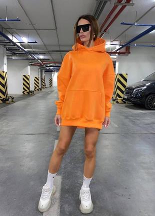 Худи женское оверсайз на флисе однотонное с капишоном с карманом качественное стильное теплое оранжевое2 фото