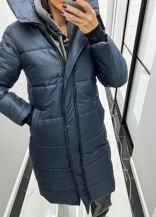 Жіноче пальто з капюшоном синя  2/46/ мр 072 куртка довга зима (s. m. l розміри)3 фото