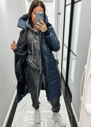 Жіноче пальто з капюшоном синя  2/46/ мр 072 куртка довга зима (s. m. l розміри)5 фото