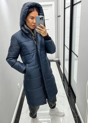 Жіноче пальто з капюшоном синя  2/46/ мр 072 куртка довга зима (s. m. l розміри)4 фото