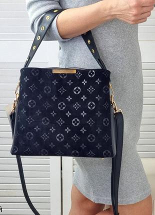 Женская стильная и качественная сумка из натуральной замши и искусственной кожи на 3 отдела черный5 фото