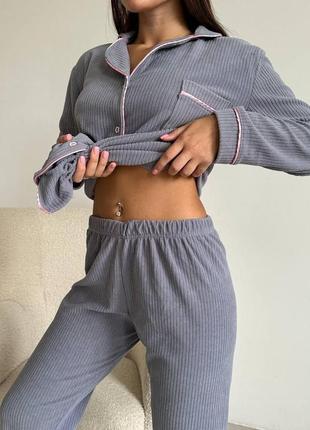 Жіноча піжама домашній комплект сорочка + штани 8870-1 рубчик (s, m, l, xl  розміри)4 фото