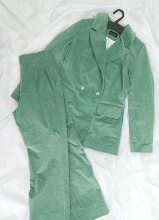 Стильный велюровый мятный брючный костюм с пиджаком