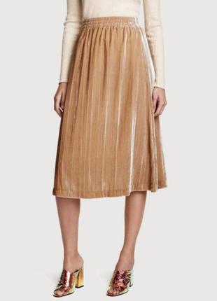 Велюровая, бархатная нюдовая юбка миди h&amp;m.2 фото