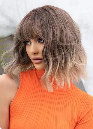 Парик женский омбре боб русый русый блонд короткие волосы волнистые наурученный искусственный канекалон
