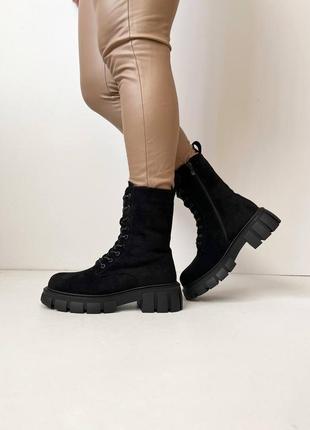 Женские зимние замшевые ботинки с подкладкой из натуральной шерсти, высокие. черные