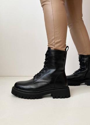 Женские зимние кожаные ботинки с подкладкой из натуральной шерсти, высокие. черные5 фото
