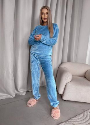 Женская теплая пижама махра голубая одежда для сна кофта брюки4 фото