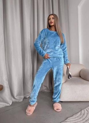 Женская теплая пижама махра голубая одежда для сна кофта брюки