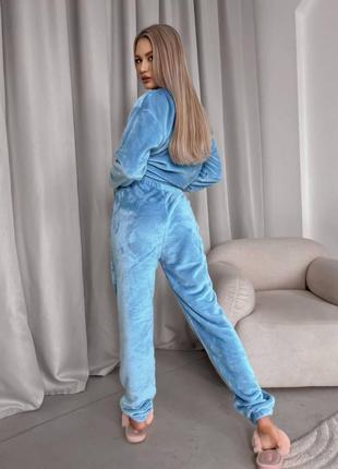 Женская теплая пижама махра голубая одежда для сна кофта брюки3 фото