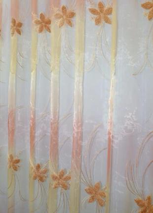 Тюль органза в вітальню з нейлоновою вишивкою 2,7м. колір персиковий4 фото