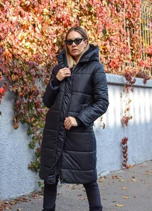 Жіноче пальто з капюшоном  2/46/ мр 072 чорна куртка довга зима (s. m. l розміри)