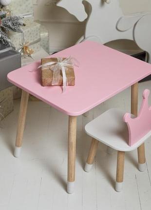 Рожевий прямокутний стіл і стільчик дитячий корона з білим сидінням. рожевий дитячий столик9 фото
