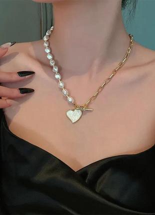 Ланцюжок ланцюг із кулоном підвіска серце чокер золотий із перлами перлів1 фото