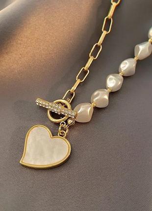 Ланцюжок ланцюг із кулоном підвіска серце чокер золотий із перлами перлів5 фото