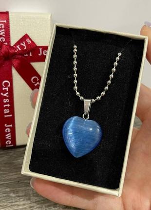 Подарок девушке натуральный камень улексит синий кошачий глаз кулон в форме сердца на цепочке в коробочке